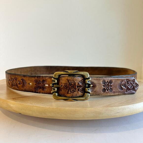 Vintage 90s Handmade Genuine Leather Star Tooled Western Belt Size Large